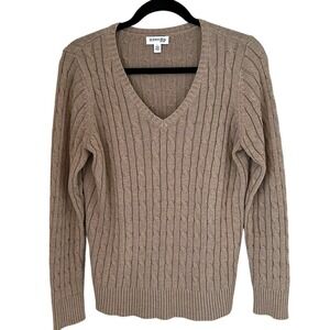 Womens‎ Mocha Colored Cable Knit Lightweight Sweater V-Neck Fitted Winter Large